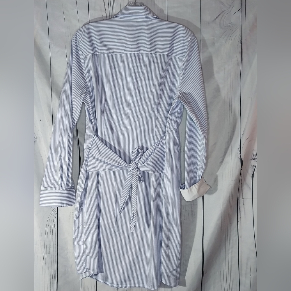 UNTUCKit Blue And White Pinstripe Tie Waist Long Sleeve Shirt Dress - Picture 2 of 13